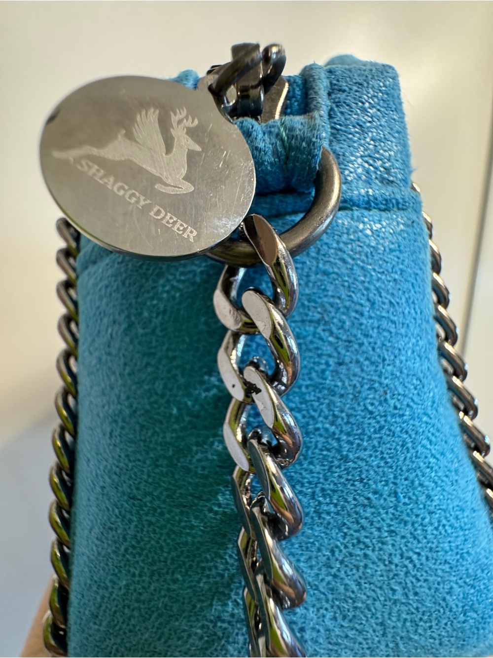 MINI blue bag Chain-Trim Suede Square Crossbody Bag Purse like new - Picture 3 of 13